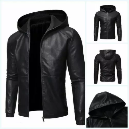 Mens Hooded Faux Leather Jackets Outdoor Motorcycle Outwear Slim Fit Biker Coat