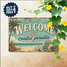 Beach Coast Farmhouse Welcome Sign Coastal Nautical Cottage Metal Tin Plaque