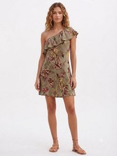 ASTR the Label Floral One Shoulder Ruffle Mini Dress Taupe Boho Size Small
