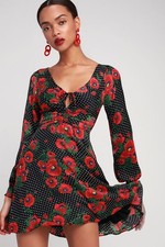 Free People Size 8 Morning Light Black Print Long Sleeve Mini Dress