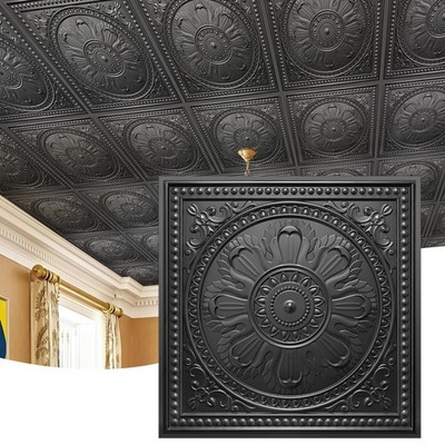 STICKGOO 12-Pack Drop Ceiling Tiles 24x24'', Black Baroque PVC, Waterproof