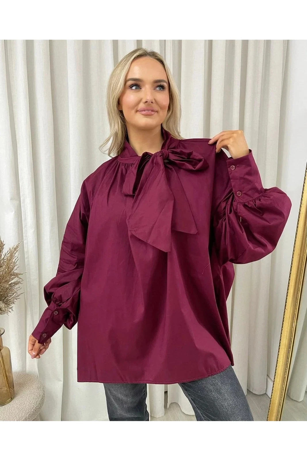Black Oversized Tie-Neck Top Jersey Casual