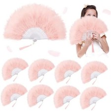 8 Pcs Marabou Feather Hand Fan Wedding Bridal 1920s Flapper - Folding Pink