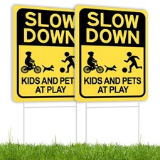 Slow Down Sign With Metal Stake 2Pack, and Pets at Play Sign,16" x 12" Corrug...