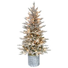 4.5ft Pre-Lit Potted Flocked Arctic Fir Christmas Tree with 70 Clear Lights, ...