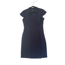 Tahari Arthur S. Levine Faux Wrap Dress Womens 10 Navy Blue Cap Sleeve Collared