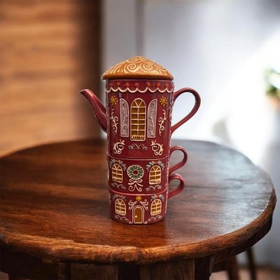 Anthropologie Ginger Ceramic Stoneware Tea For 2 Teapot Mug Set Stackable 