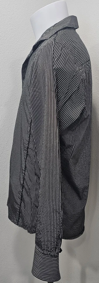 INC International Concepts 男式纽扣正装衬衫黑色白色细条纹 M — 第 2/4 张图片