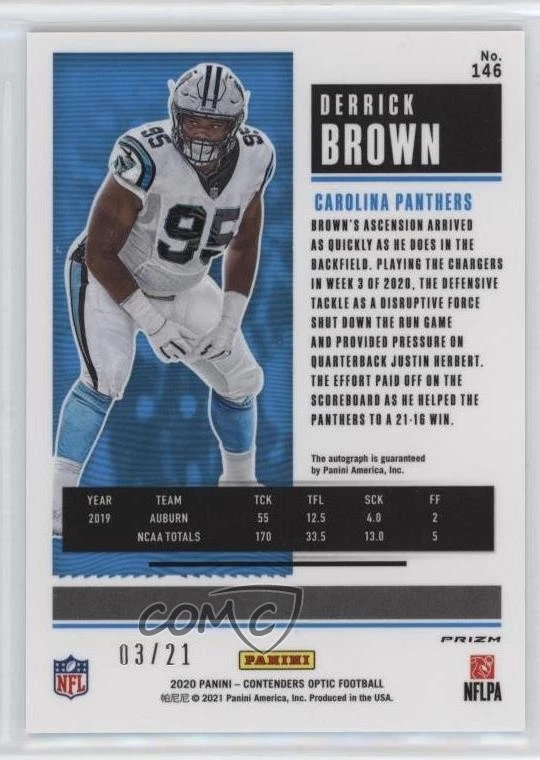 2020 Contenders Optic Ticket Purple Pulsar /21 Derrick Brown #146 Rookie Auto RC - Image 2 of 2