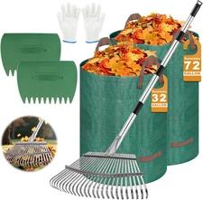 Heavy-Duty Metal Leaf Rake Set with Adjustable Handle and Reusable Garden Bags