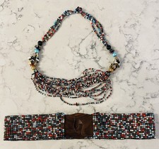 Vintage NATIVE AMERICAN beaded belt WAISTBAND elastic With Matching Necklace.