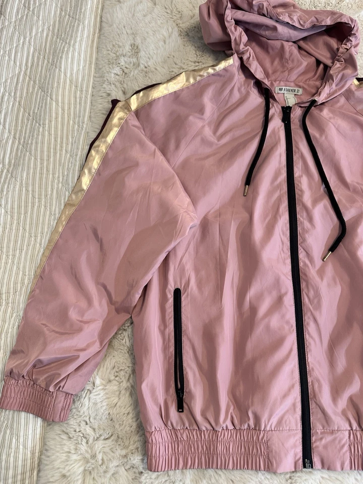 Forever 21 Womens Jacket Pink M  Gold Striped Hoodie Full Zip Casual - Image 2 of 4