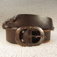 John Lindex Men Leather Belt 34 Medium Brown Oval Silver Buckle Plaited