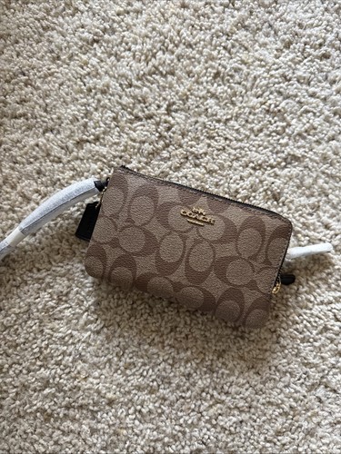 Coach Signature Double Zip Wallet Wristlet Khaki Brown NWOT
