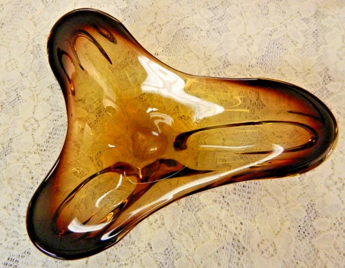 Vintage Murano Sommerso Italian Art Amber Glass Triangle 3 Lobe Dish Bowl