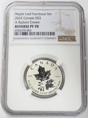 2022 SILVER CANADA $3 RADIANT CROWN 1/4 OZ MAPLE LEAF FRACTIONAL NGC REV PF 70