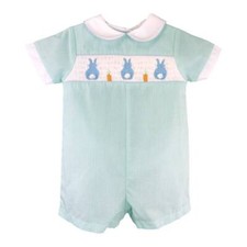Petit Ami Aqua Check Blue Easter Bunny Smocked Romper 12 18 24 Months