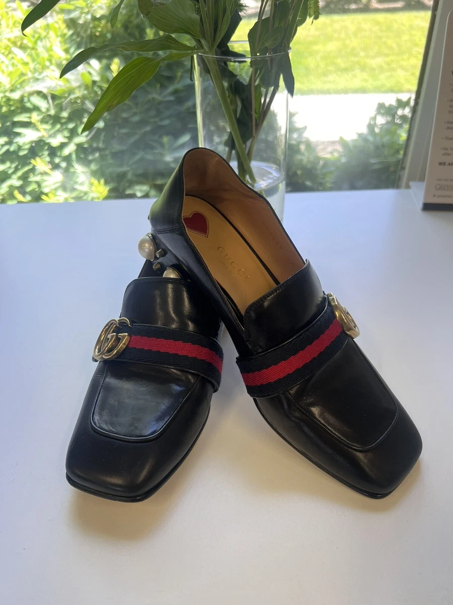 GUCCI BLACK GG PEYTON MID-HEEL PEARL LEATHER LOAFER Size EU 37.5 US 7.5