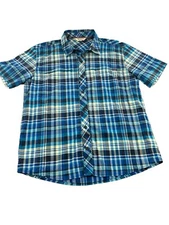 Simms Fishing Shirt Size Medium Short Sleeve Button Front Blue Zip Pockets