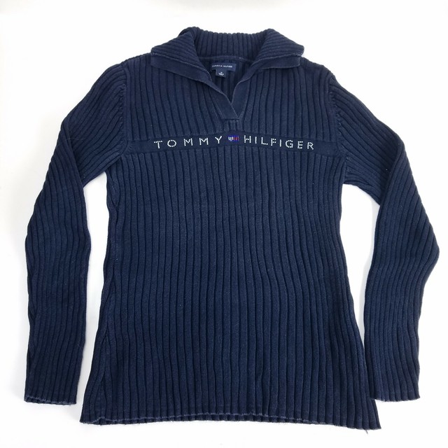 Tommy Hilfiger Ribbed Sweater Womens Size Medium Blue Fitted Mock Neck Pullover | eBay