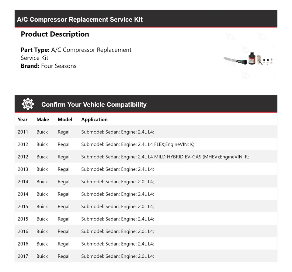 Комплект для замены компрессора кондиционера седана Buick Regal 2011-2017 годов выпуска 4 сезона - Изображение 2 из 4