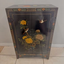 Mid Century Chinese Console Cabinet Double Doors Interior Shelf Hand Painted
