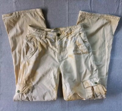 Pull&Bear Women's 4 Acidwash Cargo Boot Cut Cotton Chambray Utility Yellow Pants