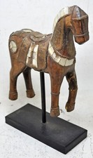 Antico di Legno Grande Cavallo Figurina Originale Old Mano Intagliato Ottone Con