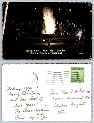 Council Fire Point Nip-I-Gon Inn Straits of Mackinac Michigan RPPC Postcard