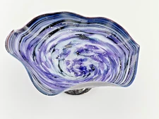 MB Signed Studio Art Glass Platter Dated 2019 Purple Swirl Black White Silver 9”