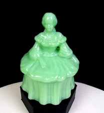 Mosser Signed Glass Victorian Lady Green Jadeite 4 7/8" Trinket Powder Box 1970-