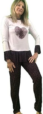 BISBIGLI Damen Pyjama warm Baumwolle und Viskose Herz