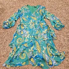 Tahari ASL Green Paisley Tiered Ruffle Faux Wrap Midi Dress 10 3EM128