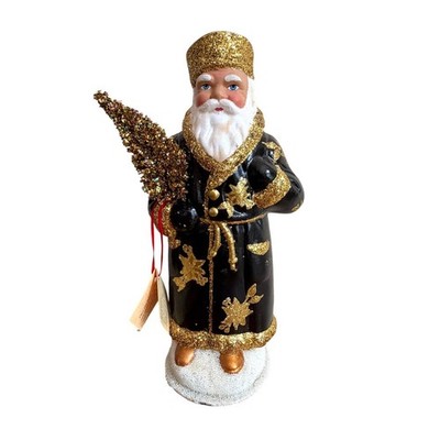 Ino Schaller Santa Black Gold Glitter Tree Paper Mache Germany 10'' Original Tag