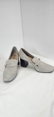 Bella Vita Ashton Gray Stone Suede Block Heel Pumps Square Toe Buckle 8W Comfort