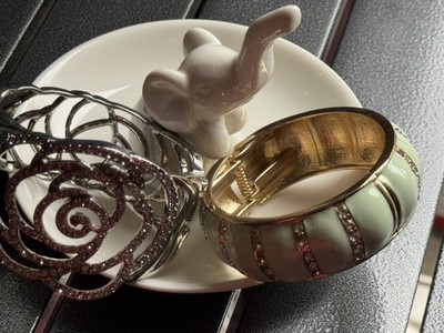 Statement Cuff Bracelet Set of 2   Silver Rhinestone Floral Cuff and Gold Tone E