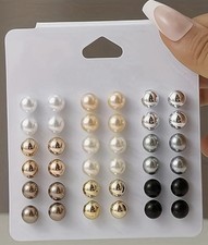 Multicolor Stud Earrings Set, Imitation Pearl, Plastic Metal, 24 Pairs