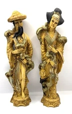 Vintage Artmark Carved Chinese Man And Woman Resin Figurines Made in Italy Heavy