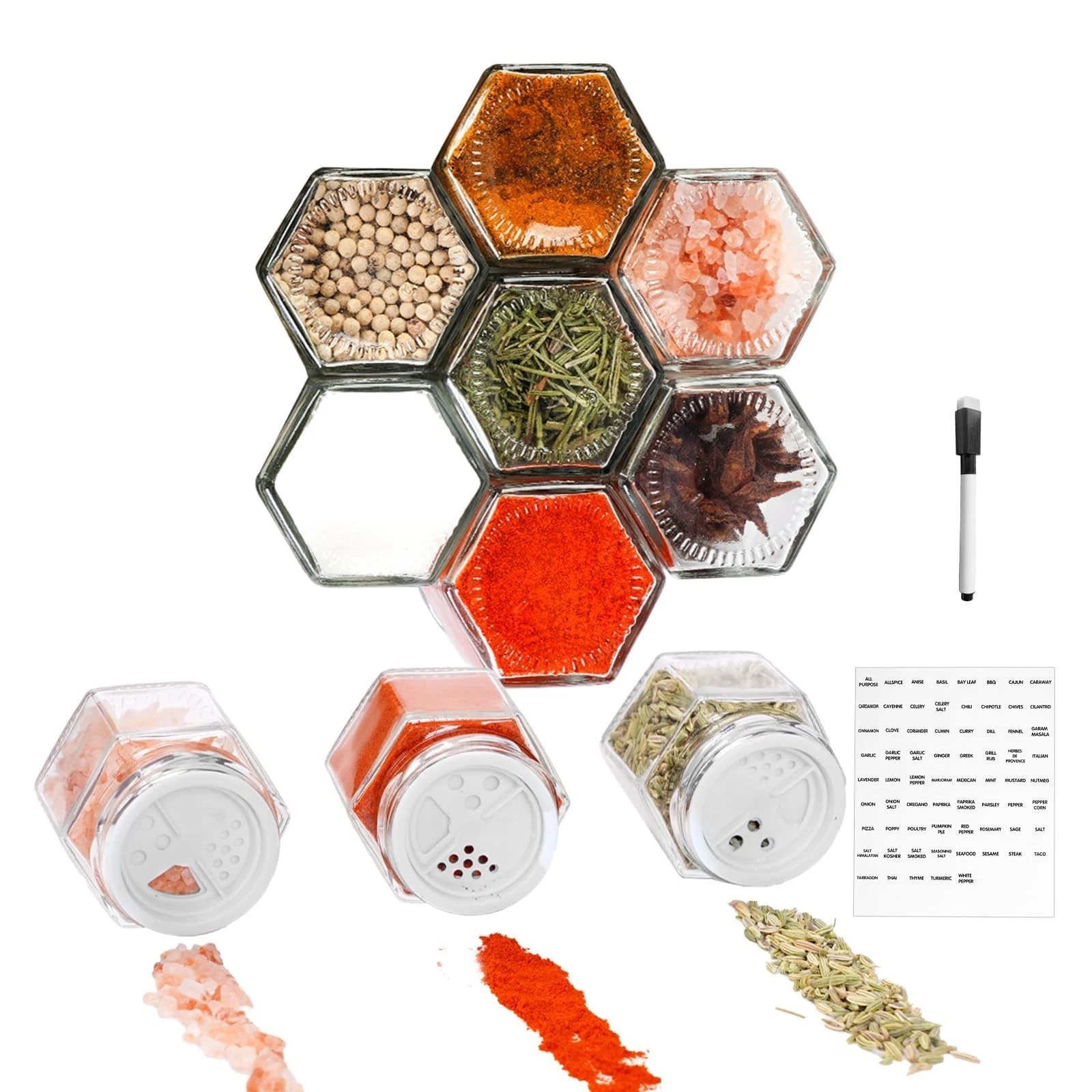 OPTWISELY Set of 10 Magnetic Spice Jars for Refrigerator, Glass Small Hexagon...