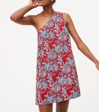 NWT Ann Taylor LOFT One Shoulder Iris Dress Sz XS Red Blue Floral Lined Viscose