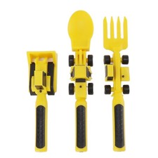 Construction Utensils Set Toddler Spoon Fork Pusher Bulldozer Excavator Yellow