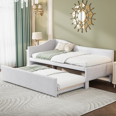 Twin Size Daybed Linen Upholstered Bed Frame Sofa Bed with Pop Up Trundle