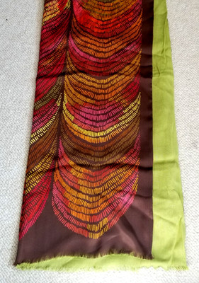Womens Scarf-ECHO-brown/pink/green 100% silk abstract print reversible 72X25