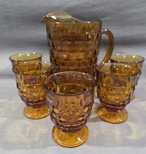 VTG Indiana Glass Whitehall Cubist Amber 5 Footed Glasses Pitcher Colony MCM 