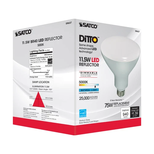 Satco S9637 LED 11.5W =75W BR40 120V Medium E26 5000K Daylight Natural White - Picture 4 of 10