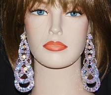 Clip On Drop Earrings AB Silver Tone Bridal Rhinestone Crystal 264