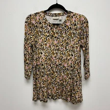 Logo Lori Goldstein Womens Brown Pink Floral 3/4 Sleeve Pockets Tunic Top XS