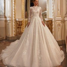 Luxury A-Line Wedding Dresses High Neck Long Sleeved Lace Appliques Bridal Gowns
