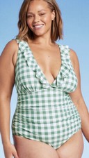 Women's Gingham Ruffle Full Coverage One Piece Swimsuit - Kona Sol Green Floral