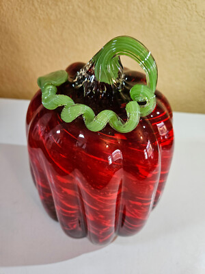 Blown Glass Studio Murano Style Large Gourd Squash Pumpkin Type Red Black 9''